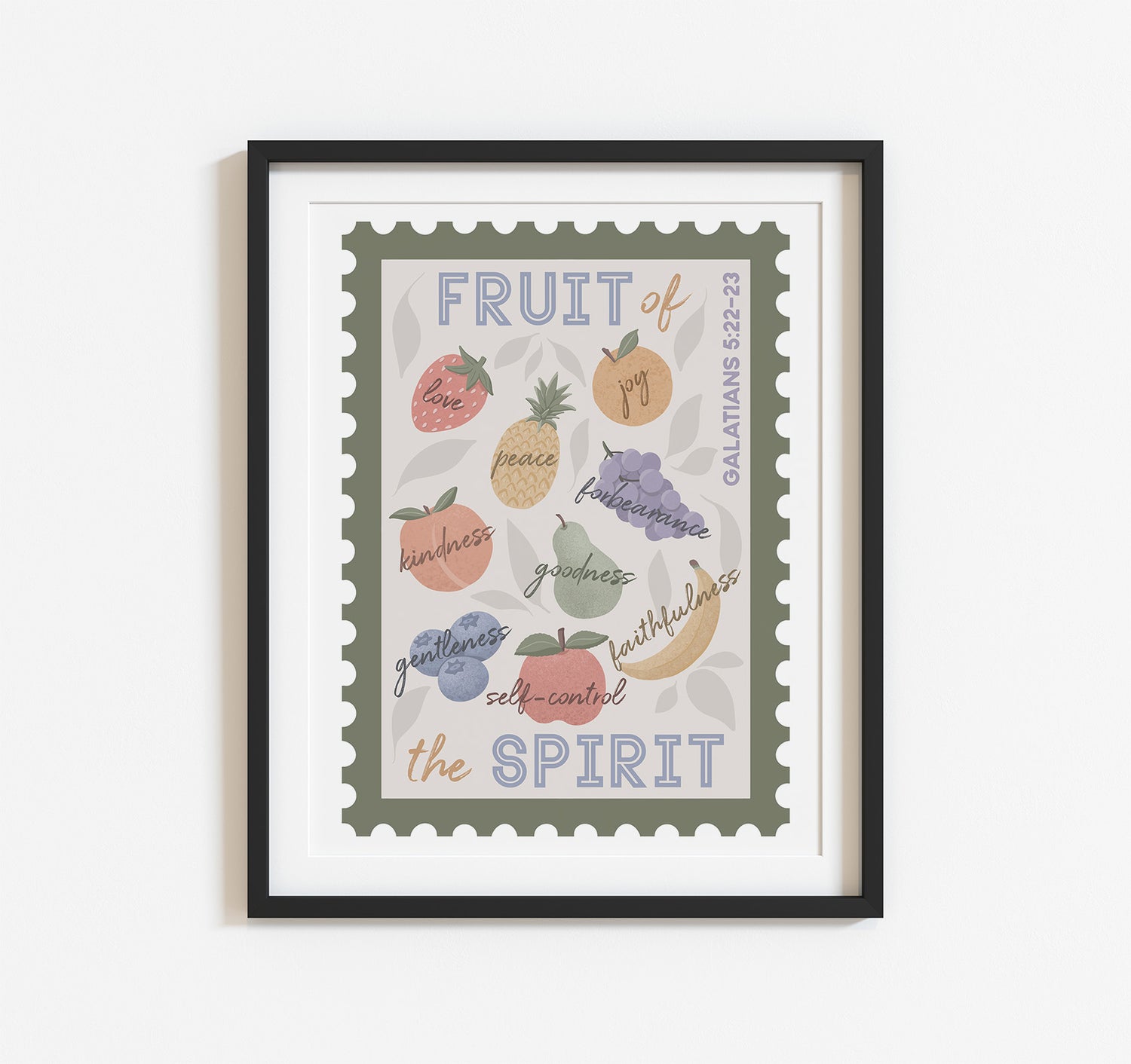 Stamp design Bible verse art print with the fruit of the Spirit from Galatians 5:22-23