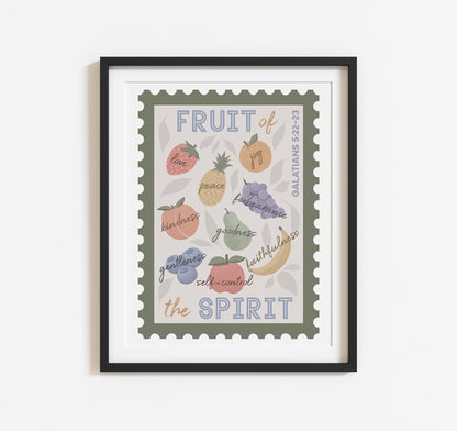 Stamp design Bible verse art print with the fruit of the Spirit from Galatians 5:22-23