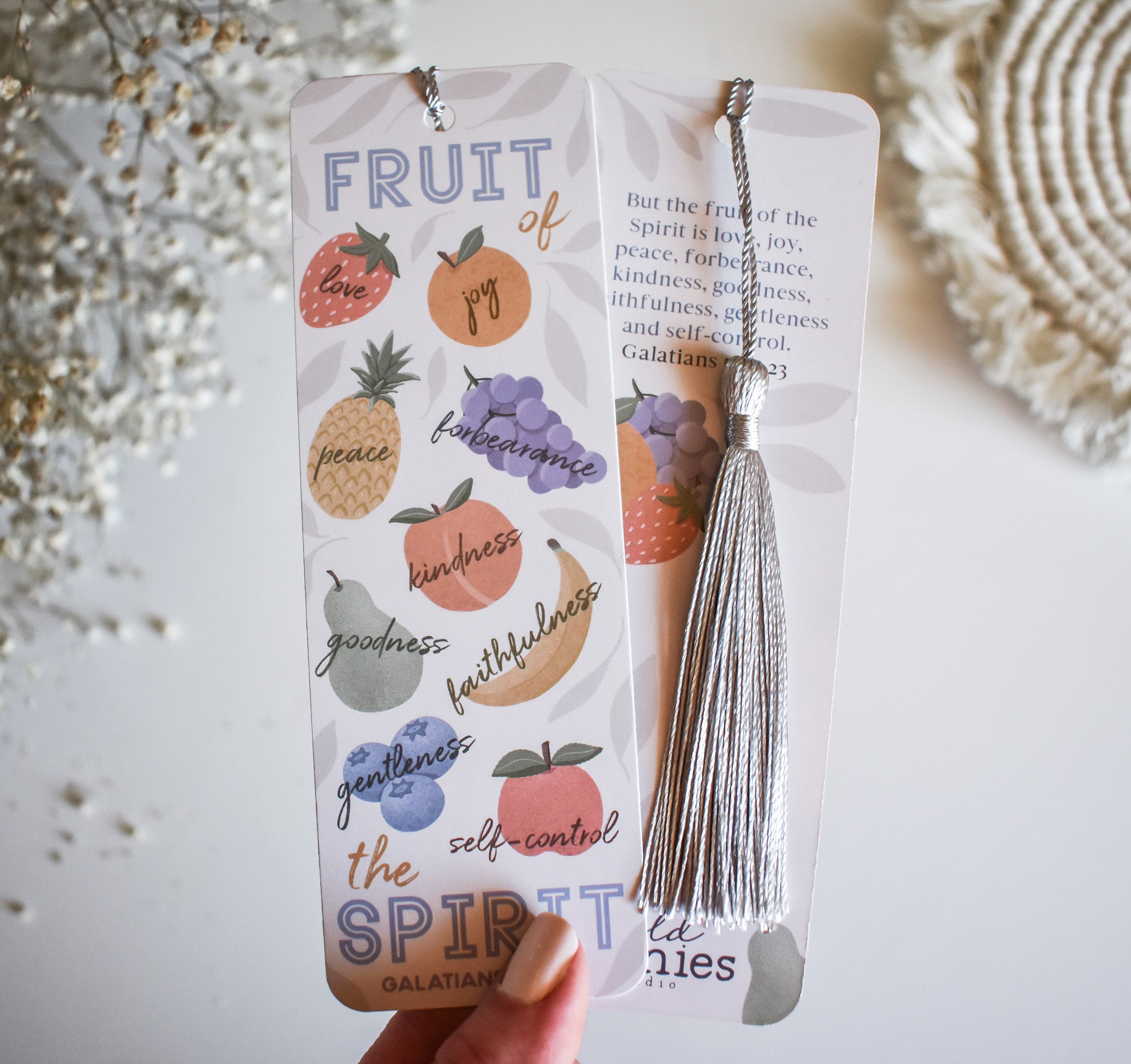 Galatians 5:22-23 Fruit of the Spirit bookmark with a tassel