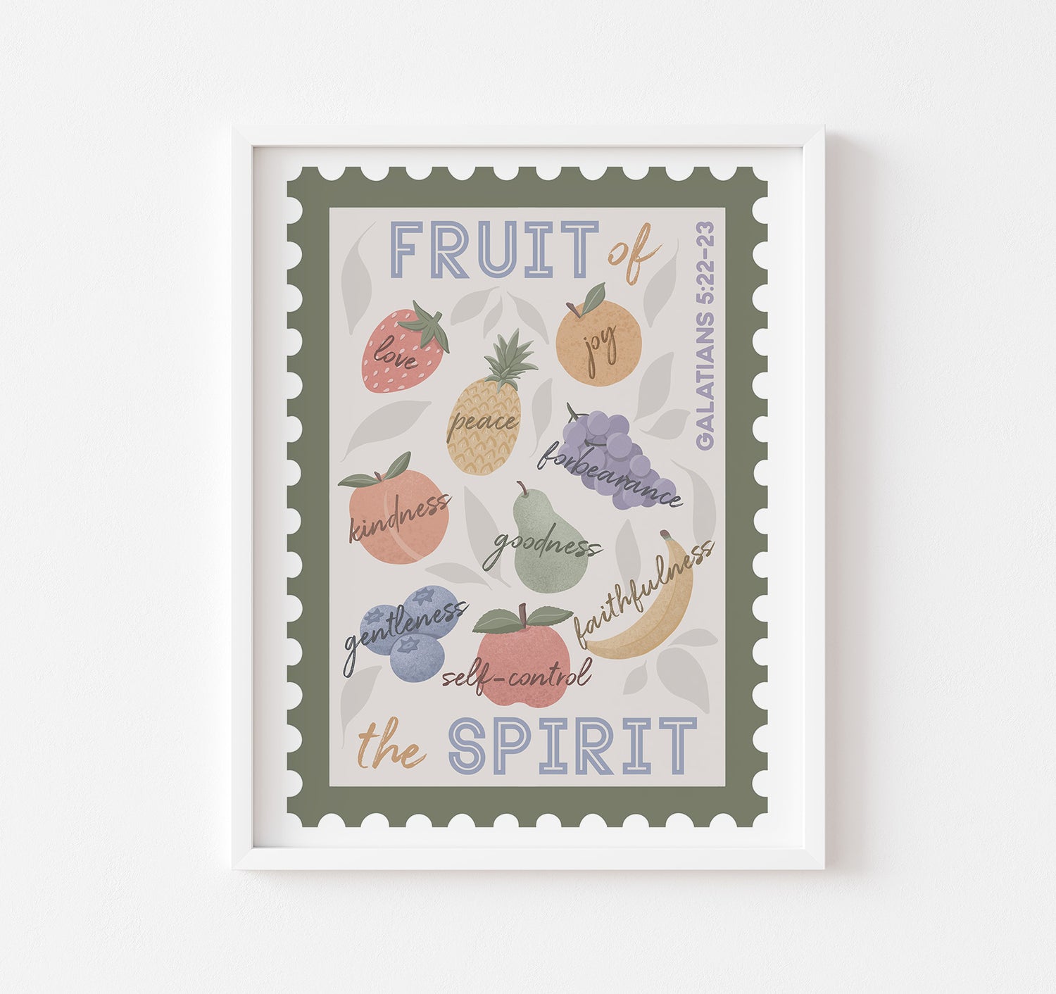 Stamp design Bible verse art print with the fruit of the Spirit from Galatians 5:22-23