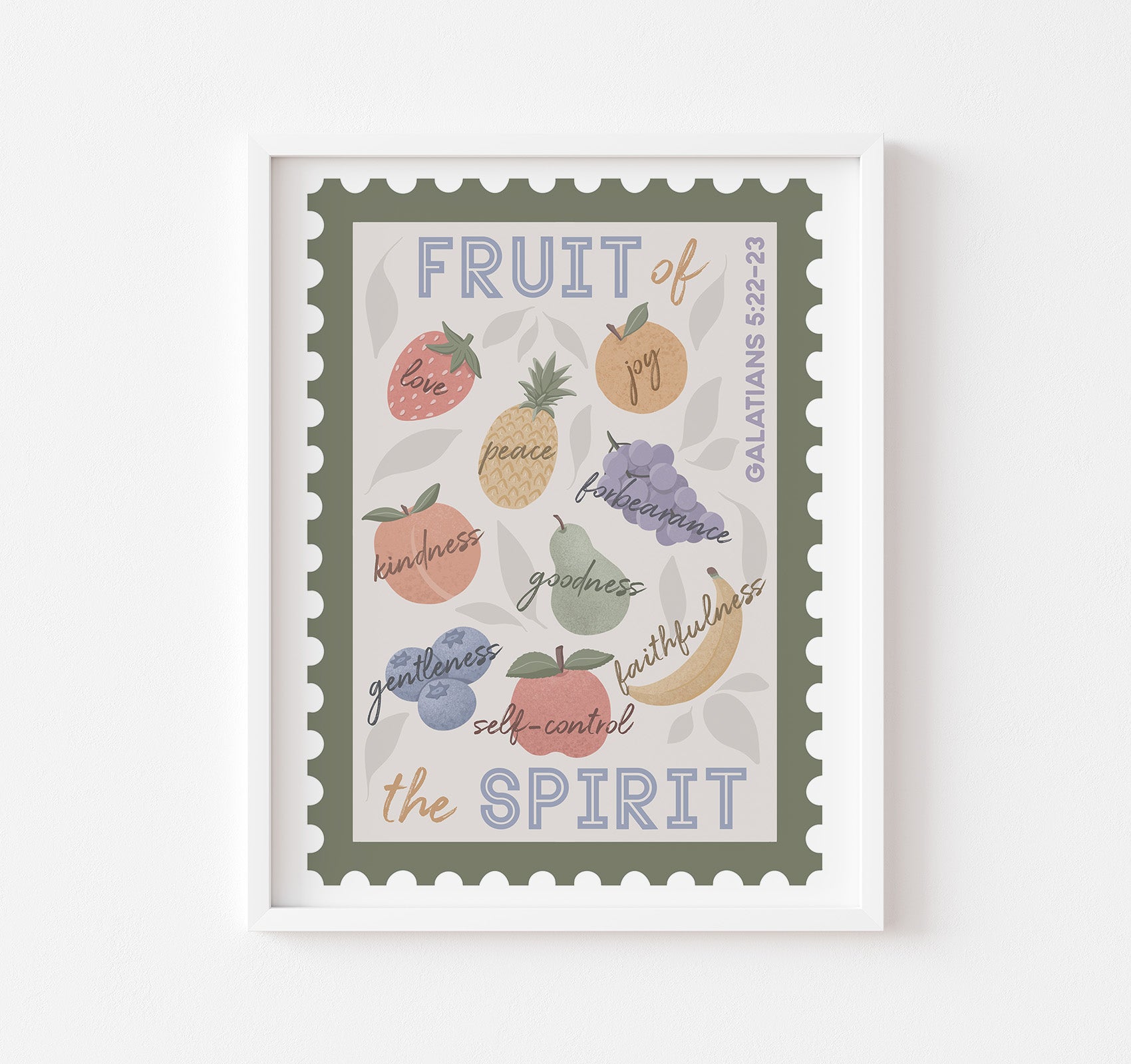 Stamp design Bible verse art print with the fruit of the Spirit from Galatians 5:22-23