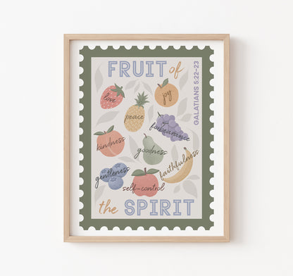 Stamp design Bible verse art print with the fruit of the Spirit from Galatians 5:22-23