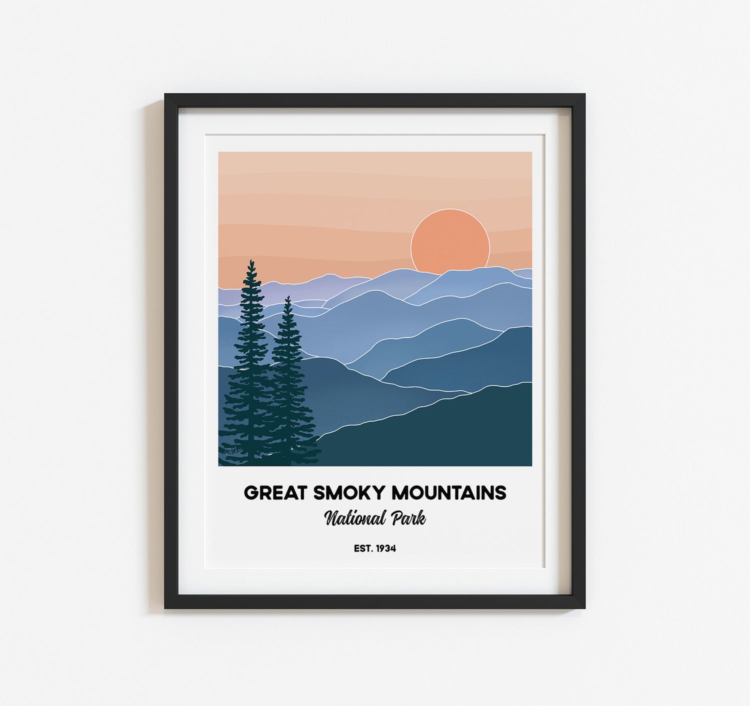 Great Smoky Mountains National Park art print wall decor of the mountains, sunset, and pine trees