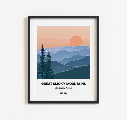 Great Smoky Mountains National Park art print wall decor of the mountains, sunset, and pine trees