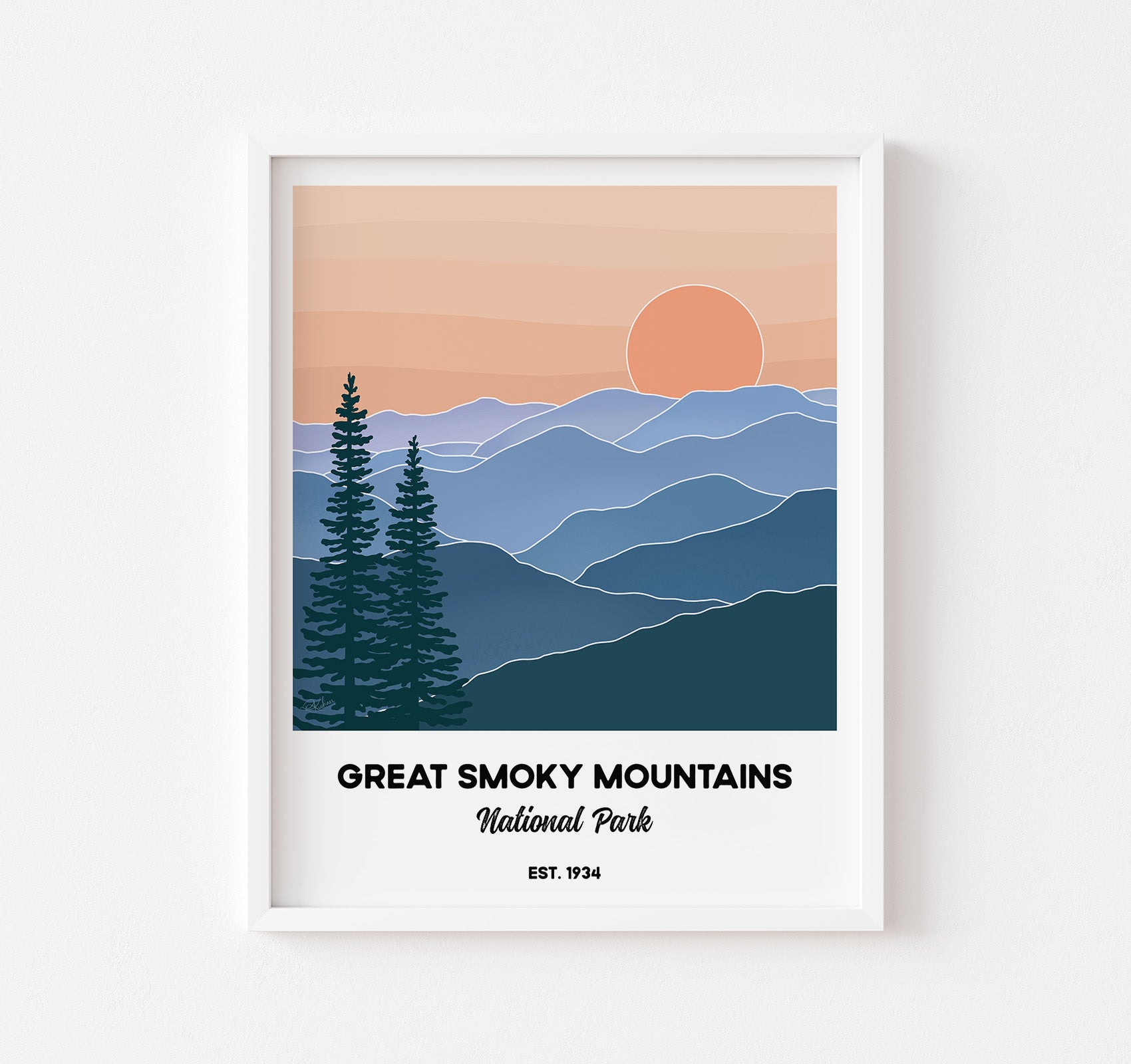 Great Smoky Mountains National Park art print wall decor of the mountains, sunset, and pine trees