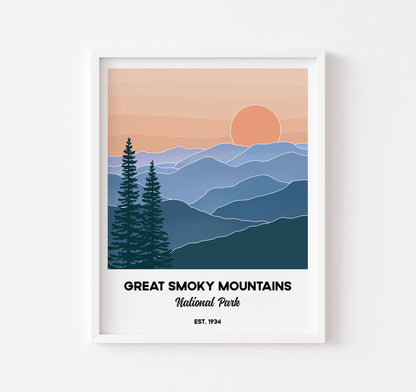 Great Smoky Mountains National Park art print wall decor of the mountains, sunset, and pine trees