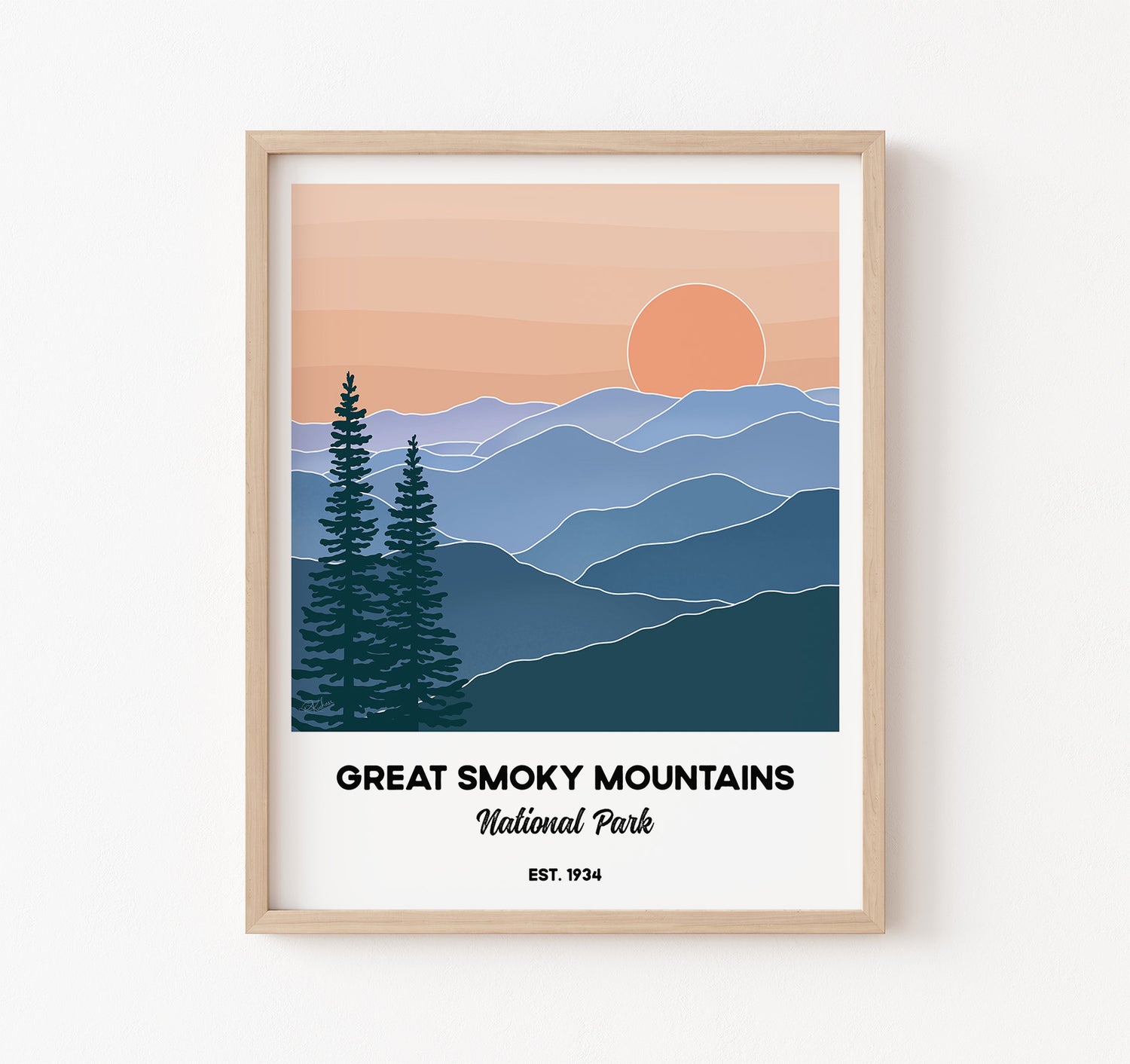 Great Smoky Mountains National Park art print wall decor of the mountains, sunset, and pine trees