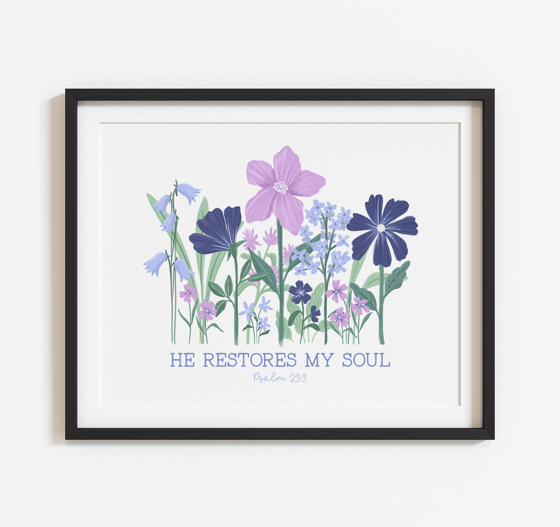 Psalm 23 floral art print with the Bible verse He restores my soul