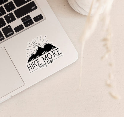 Hike more worry less laptop sticker on clear vinyl