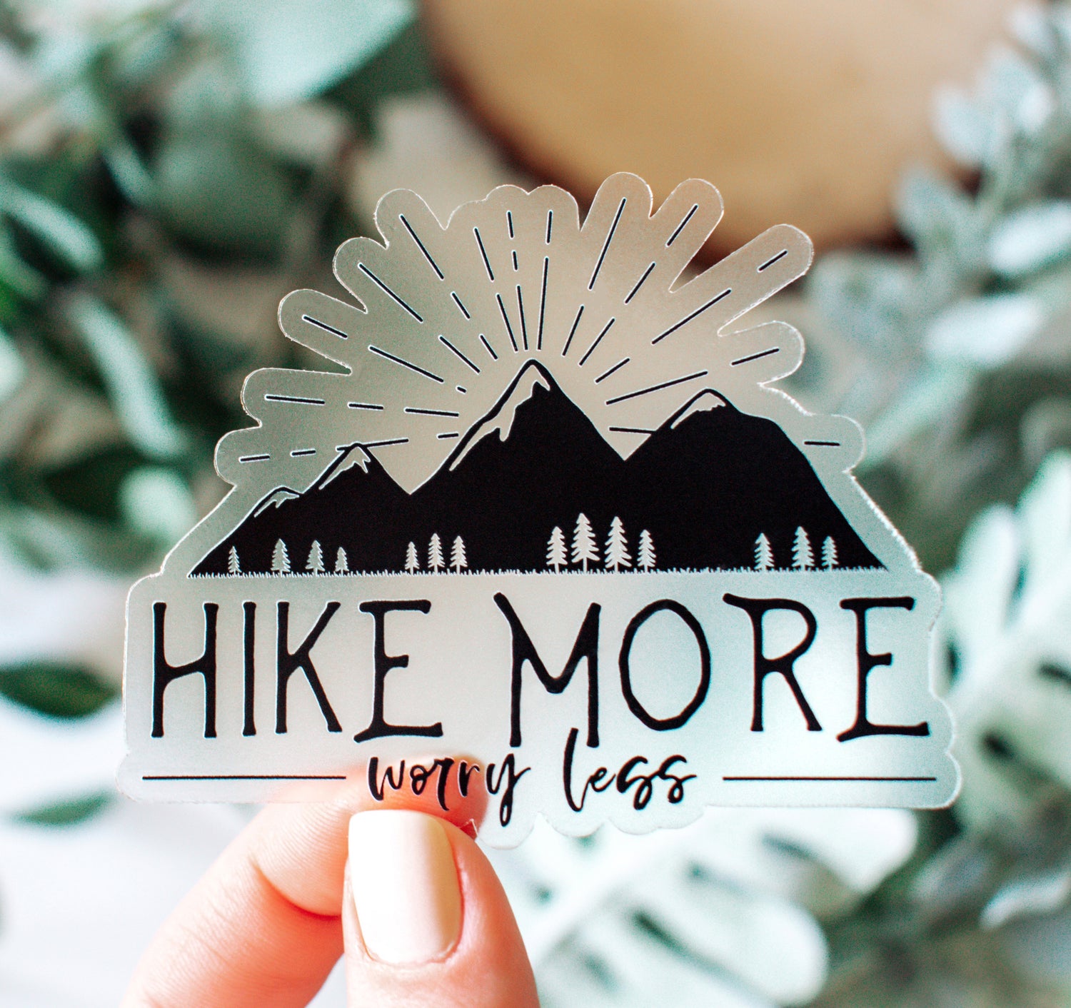 Hike more worry less hiking sticker on clear vinyl