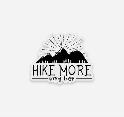 Hike more worry less hiking sticker on clear vinyl