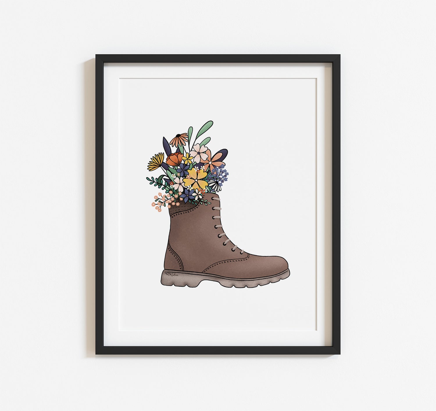 Nature lovers hiking boot with wildflowers art print