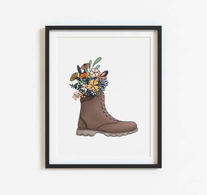 Nature lovers hiking boot with wildflowers art print