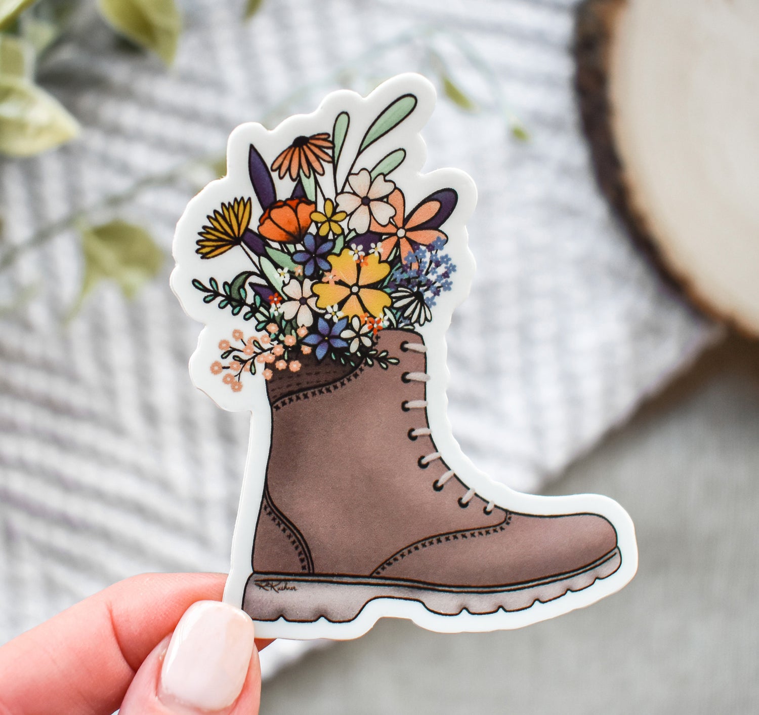 Hiking boot sticker with flowers