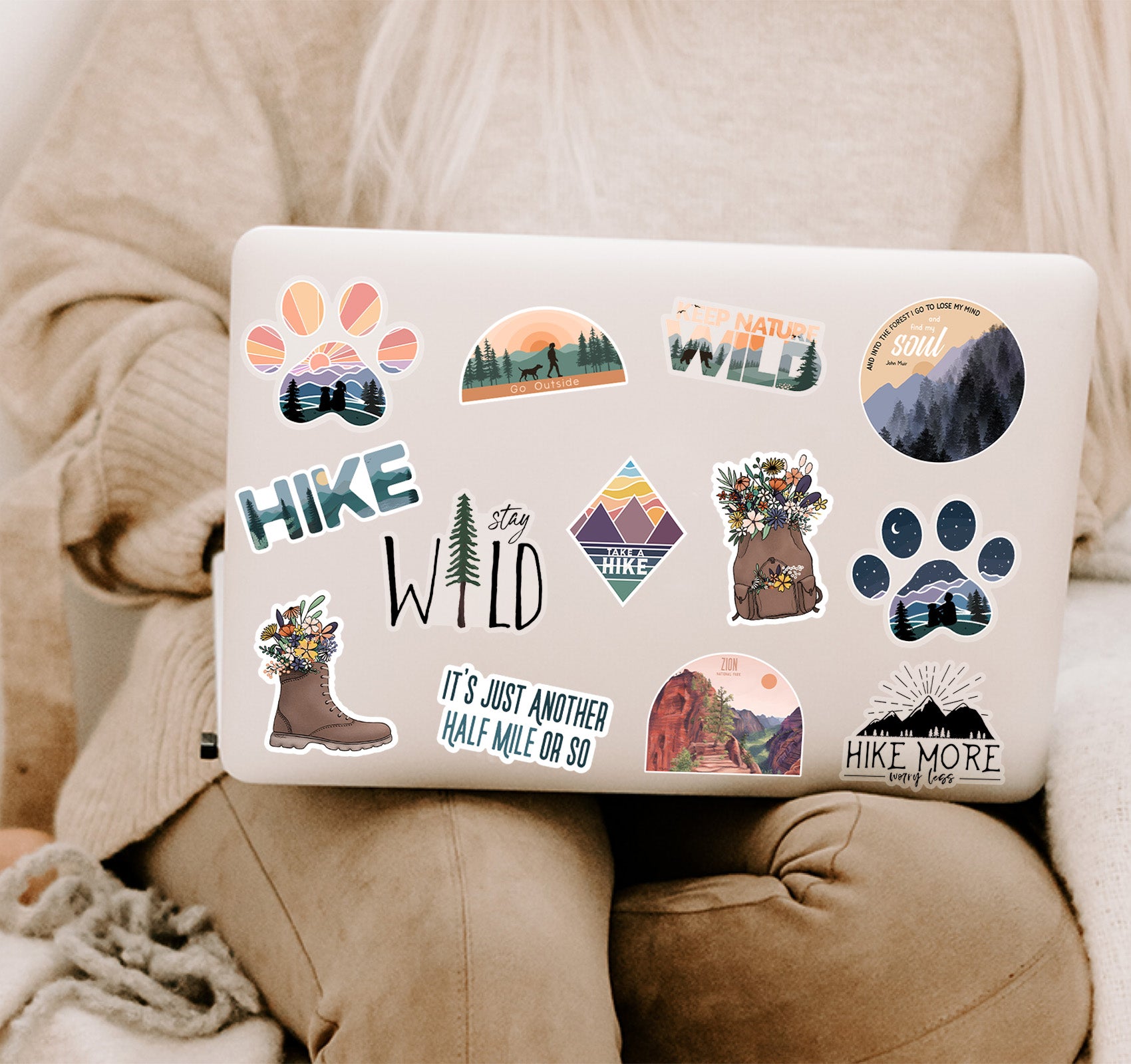 Hiking and outdoorsy laptop stickers