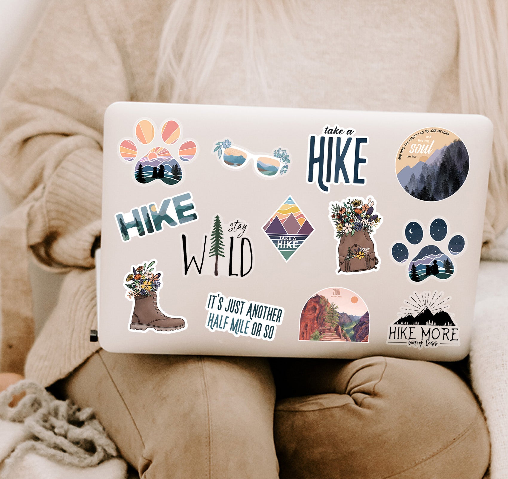 Hiking and camping laptop stickers