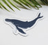 A magnet featuring a stylized humpback whale illustration in dark navy blue and white, placed on a light surface with green palm leaves in the background.