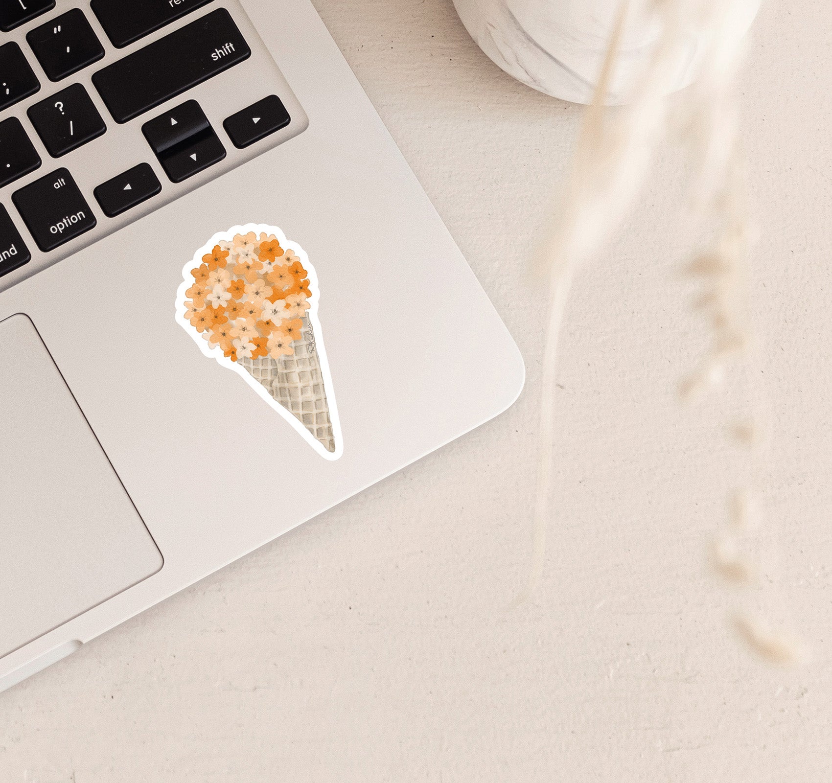 Ice cream laptop sticker with cute orange and peach flowers