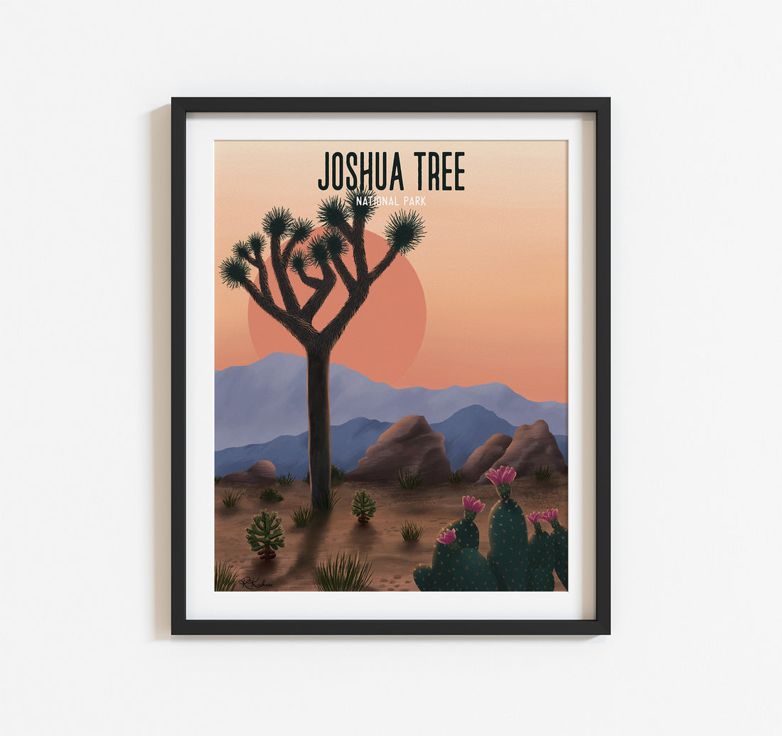 Joshua Tree National Park art print with a desert landscape and mountains at sunset