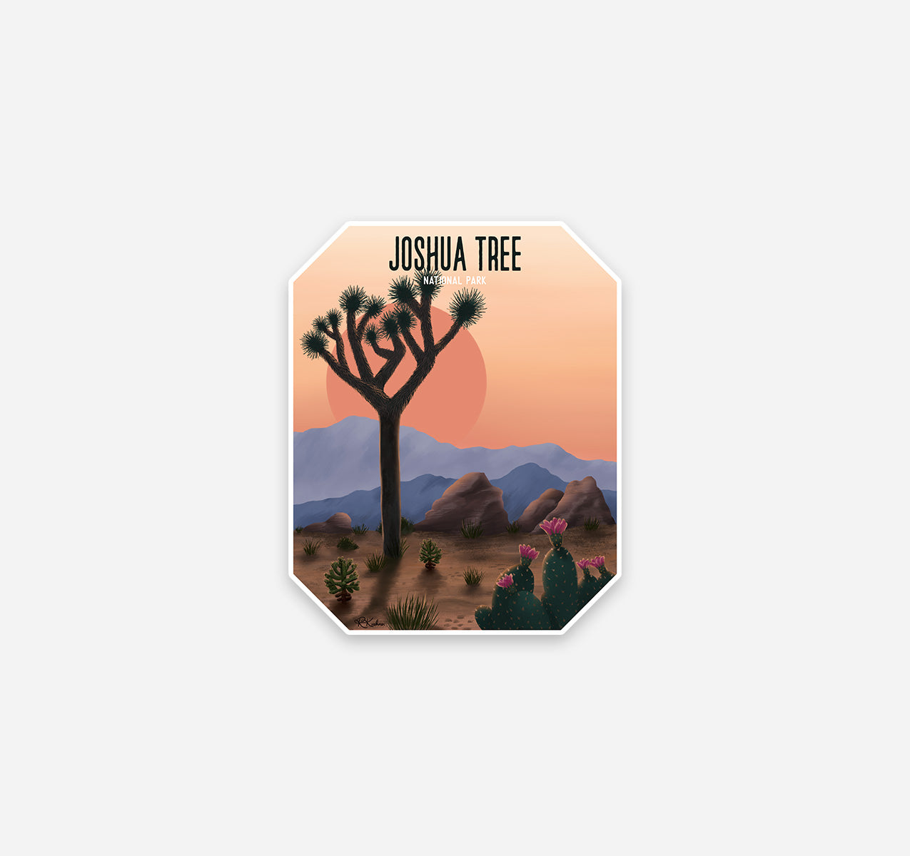 Joshua Tree National Park sticker with yucca tree, cactus, and mountains