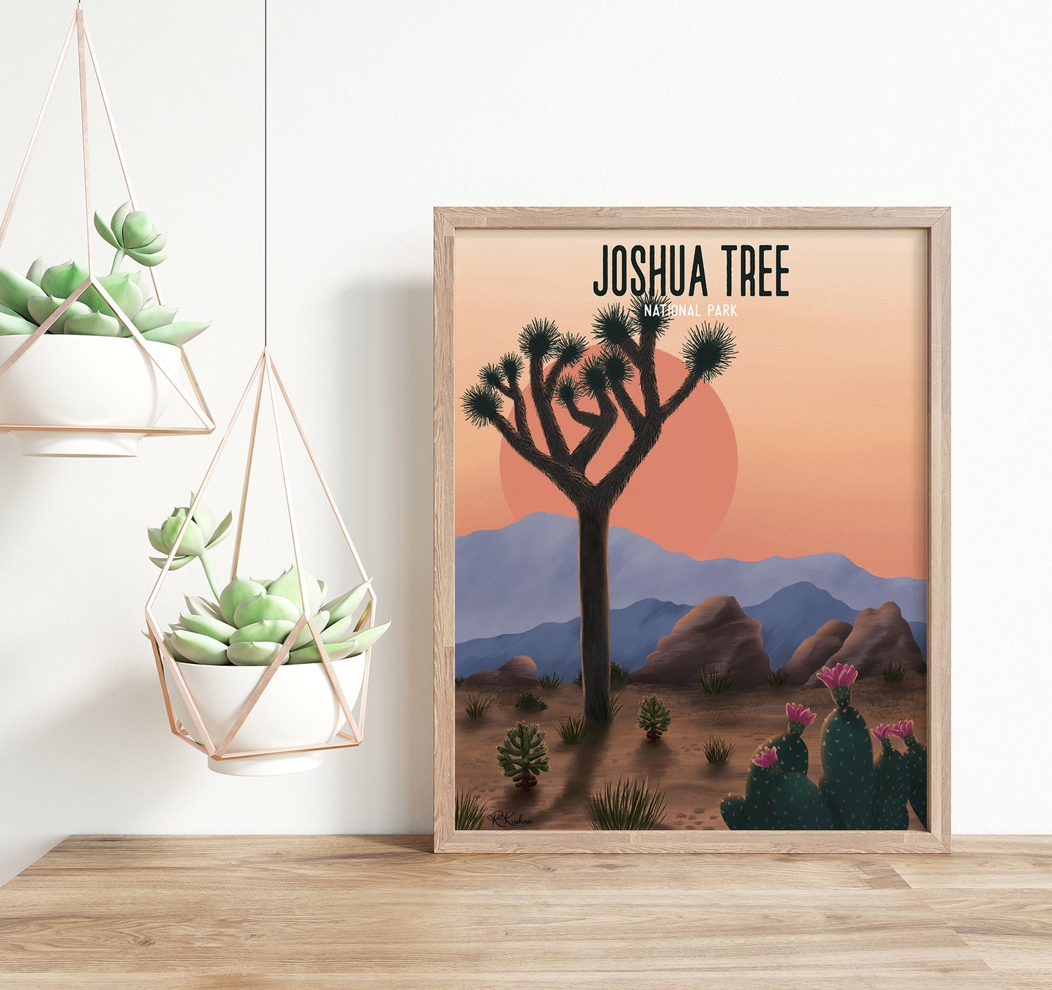 Joshua Tree National Park art print with a desert landscape and mountains at sunset