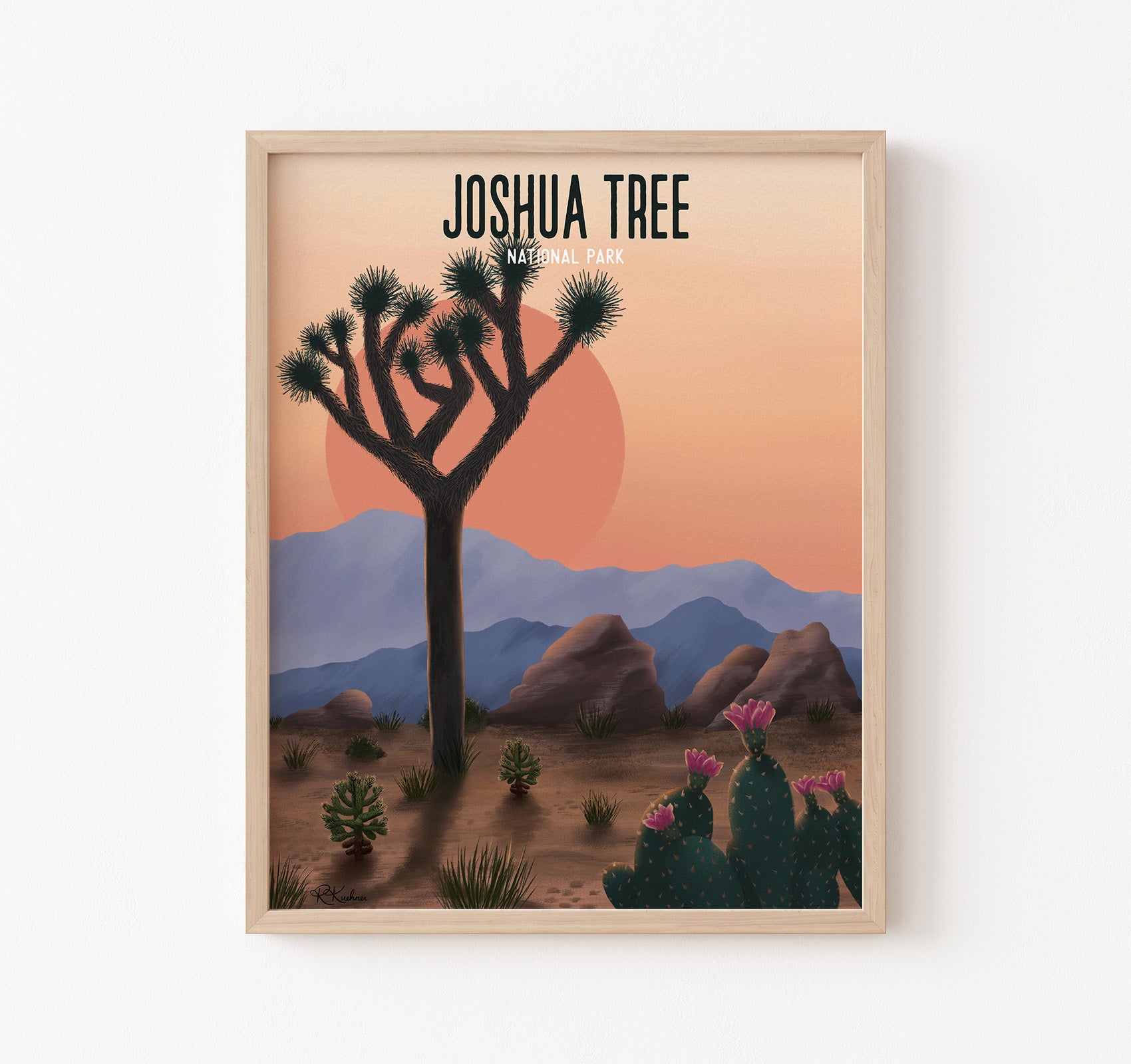 Joshua Tree National Park art print with a desert landscape and mountains at sunset