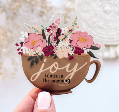 Psalm 30:5 Bible verse Christian sticker with a cup full of pink and white flowers