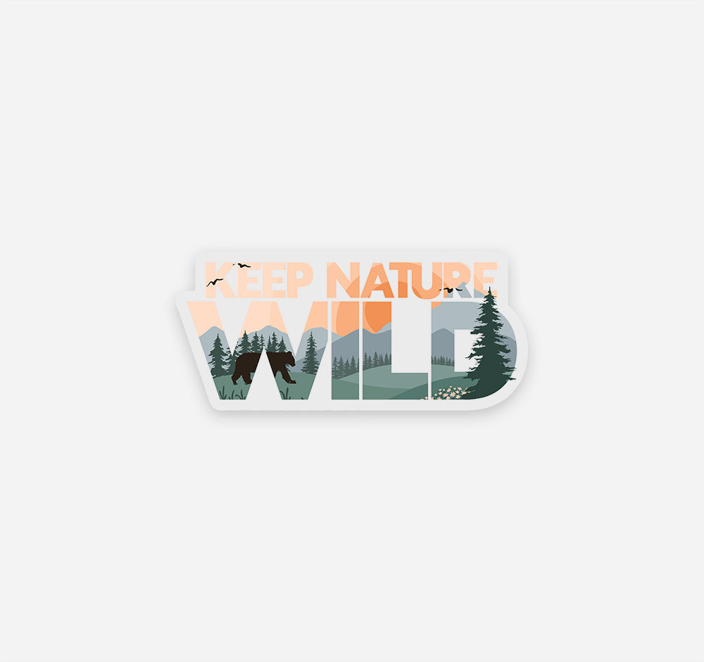 Keep Nature Wild sticker of a bear by the forest and mountains at sunset