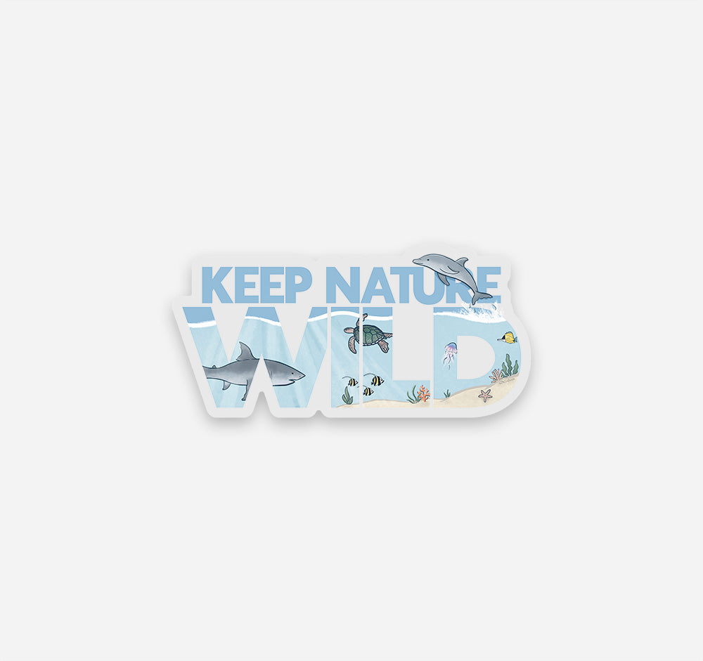 Keep Nature Wild clear vinyl sticker with a great white shark, bottlenose dolphin, green sea turtle, jellyfish, and various fish swimming in the ocean