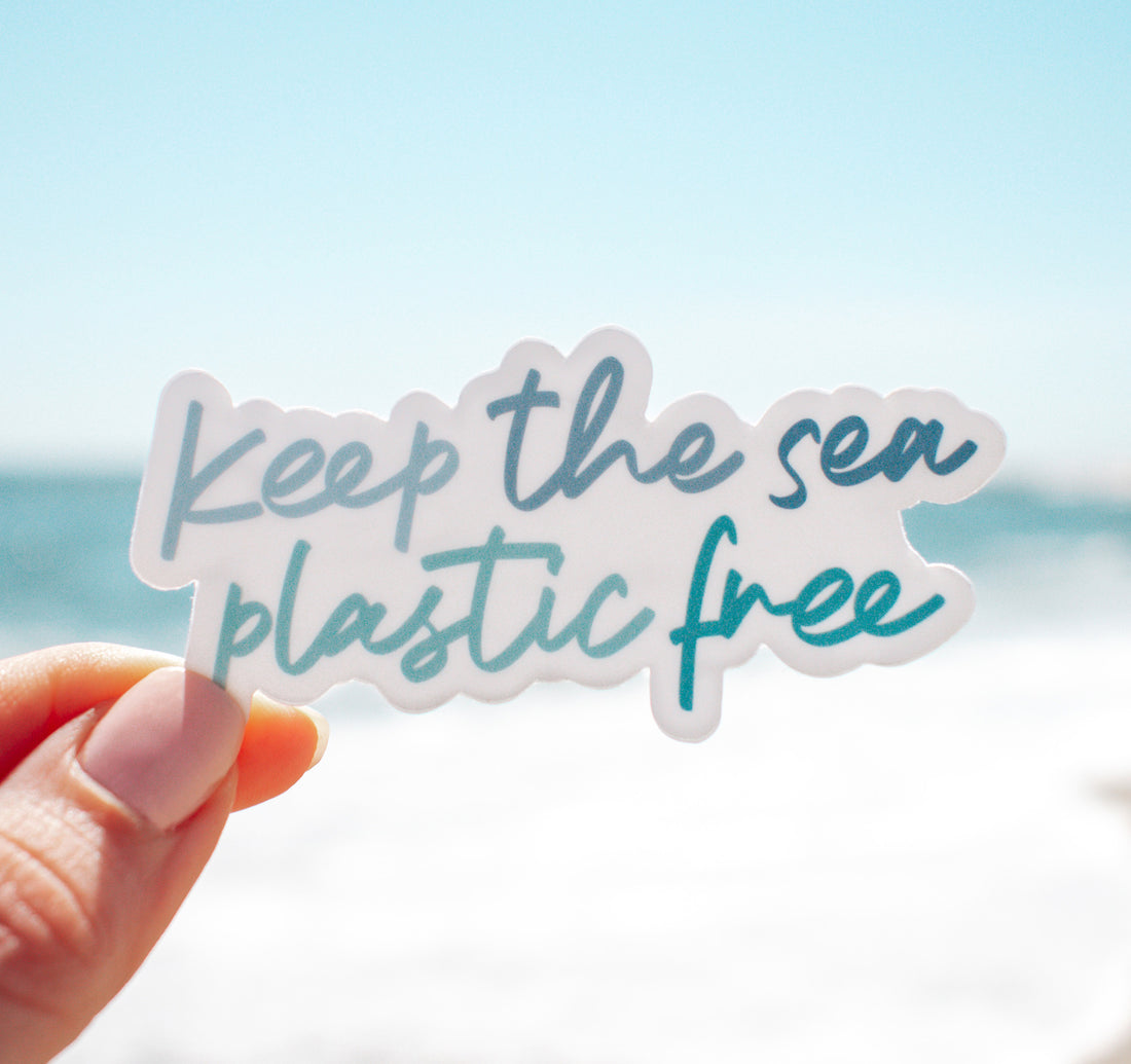 Keep the sea plastic free sticker with ocean blue text
