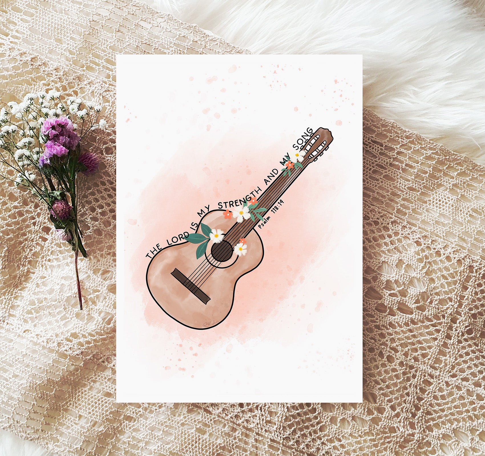 Psalm 118:14 Bible verse art print with a guitar