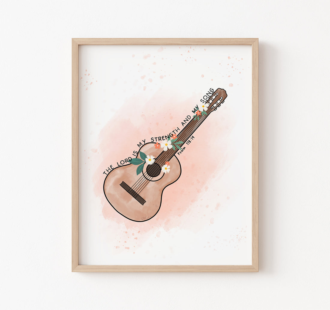 Psalm 118:14 Bible verse art print with a guitar