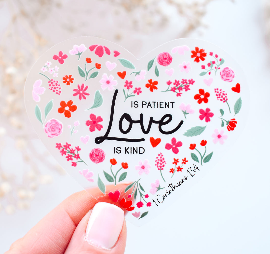 Love is patient, love is kind, 1 Corinthians 13:4 Bible verse heart sticker with pink and red flowers