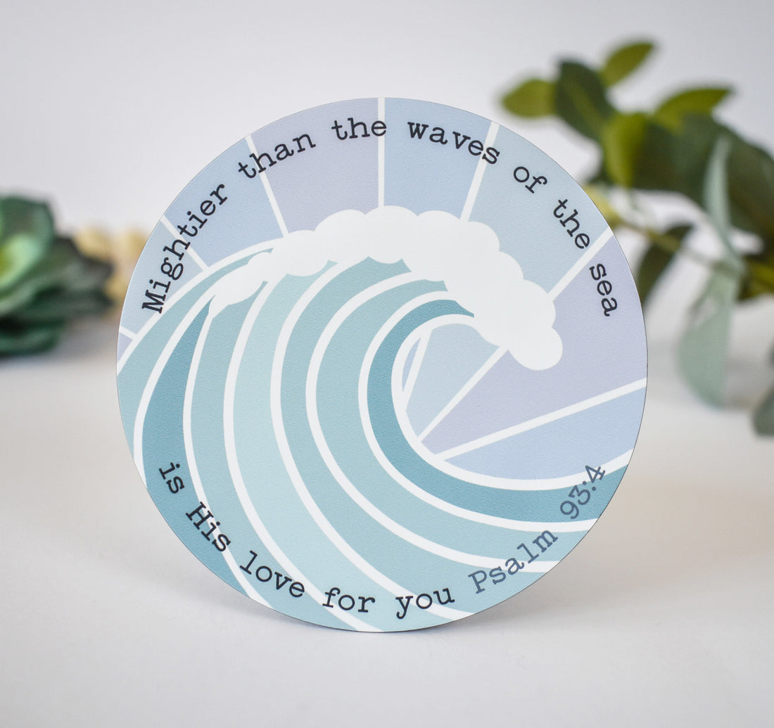 Mightier than the waves of the sea is His love for you, Psalm 93:4 Bible verse Christian magnet with an ocean wave