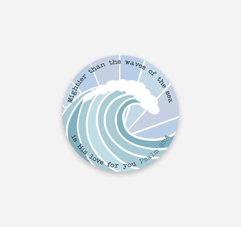 Mightier than the waves of the sea is His love for you, Psalm 93:4 Bible verse Christian magnet with an ocean wave