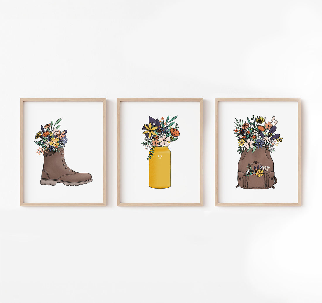 Nature explorers floral set of 3 art prints with a hiking boot, water bottle, and backpack full of wildflowers