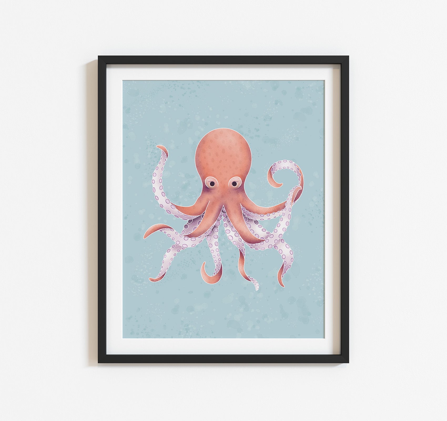 An ocean theme art print of an octopus on a blue background