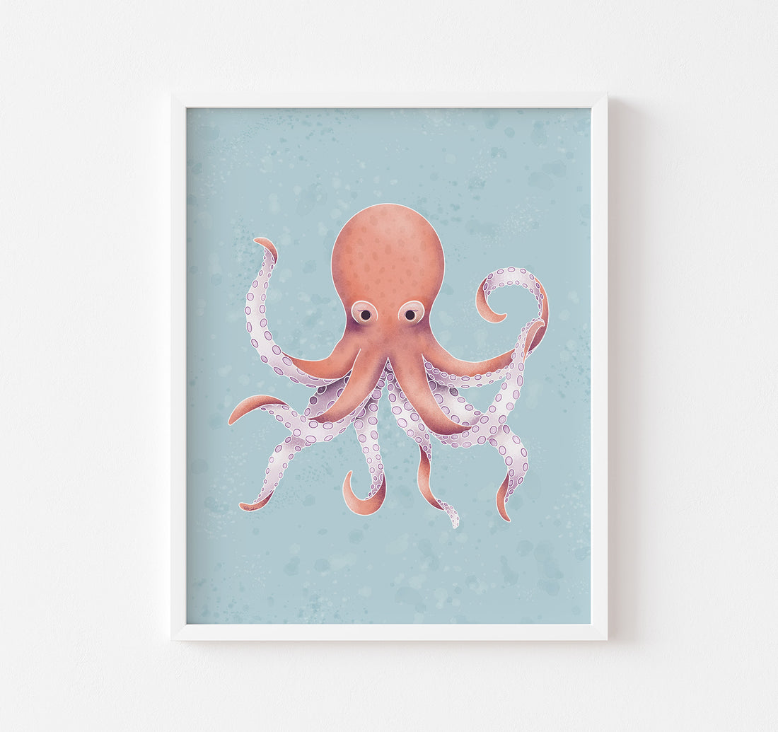 An ocean theme art print of an octopus on a blue background