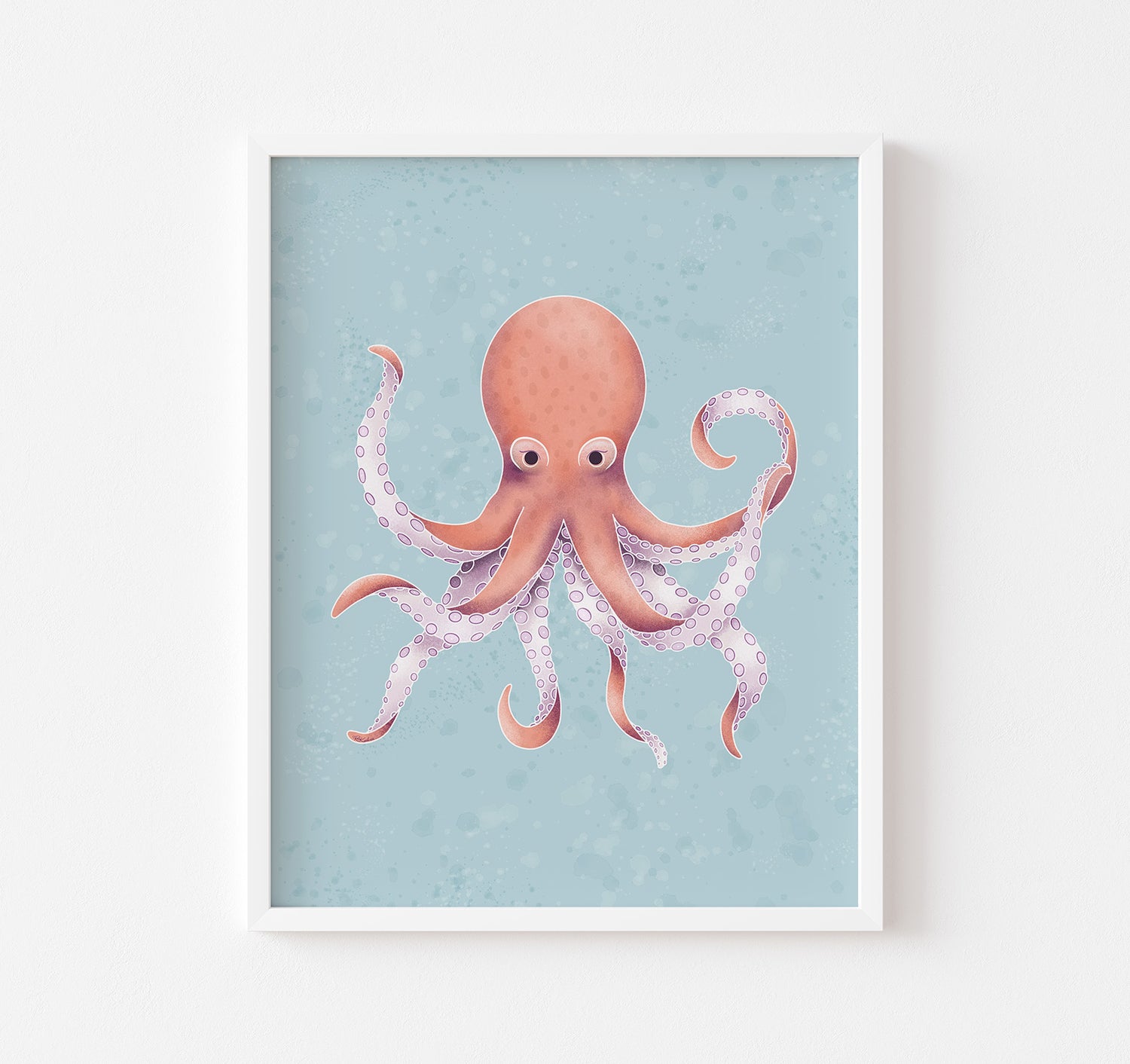 An ocean theme art print of an octopus on a blue background