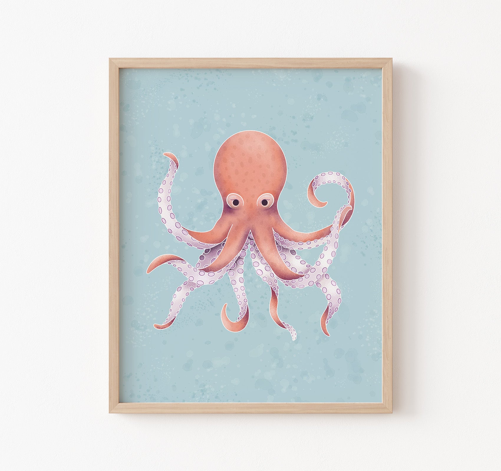 An ocean theme art print of an octopus on a blue background