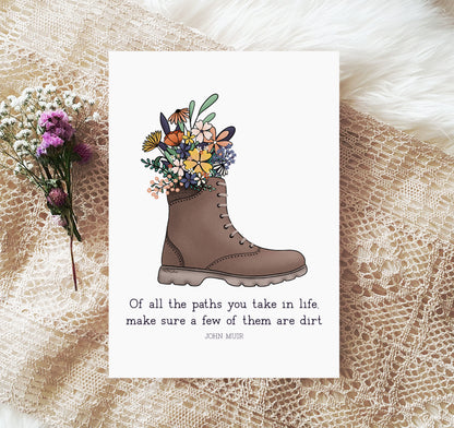 John Muir quote art print with a hiking boot and flowers