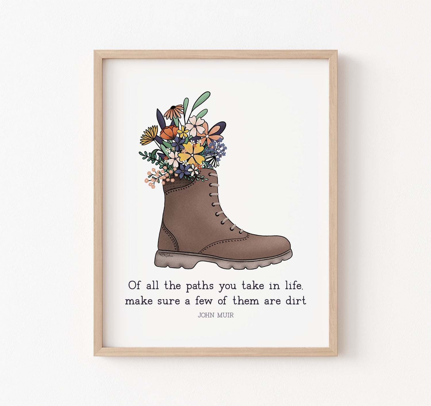 John Muir quote art print with a hiking boot and flowers