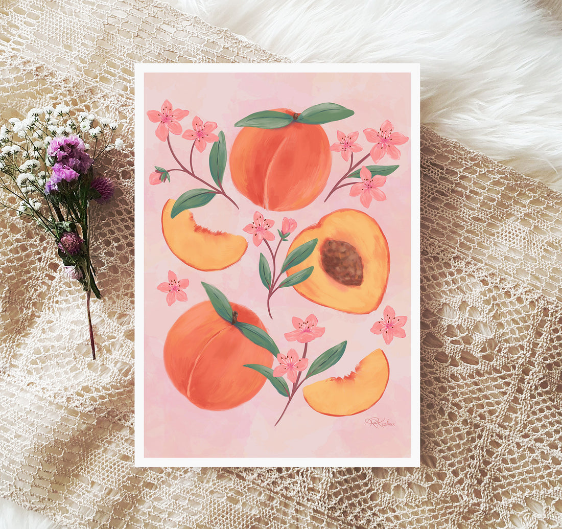 Peaches and pink peach blossoms wall art print