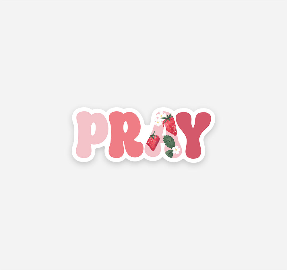 Pink PRAY vinyl sticker with a strawberry design