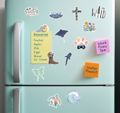 Beach, hiking, adventure, floral, and Christian themed refrigerator magnets