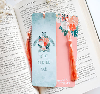 Hawaiian green sea turtle with tropical flowers bookmark and the quote &quot;go at your own pace&quot;