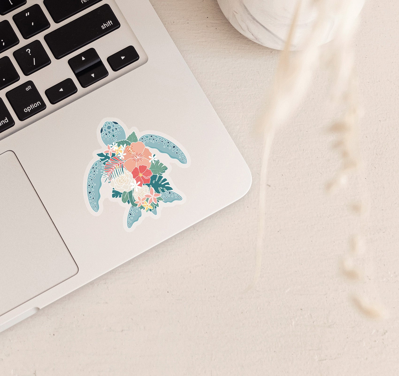 Hawaiian green sea turtle with flowers vinyl laptop sticker