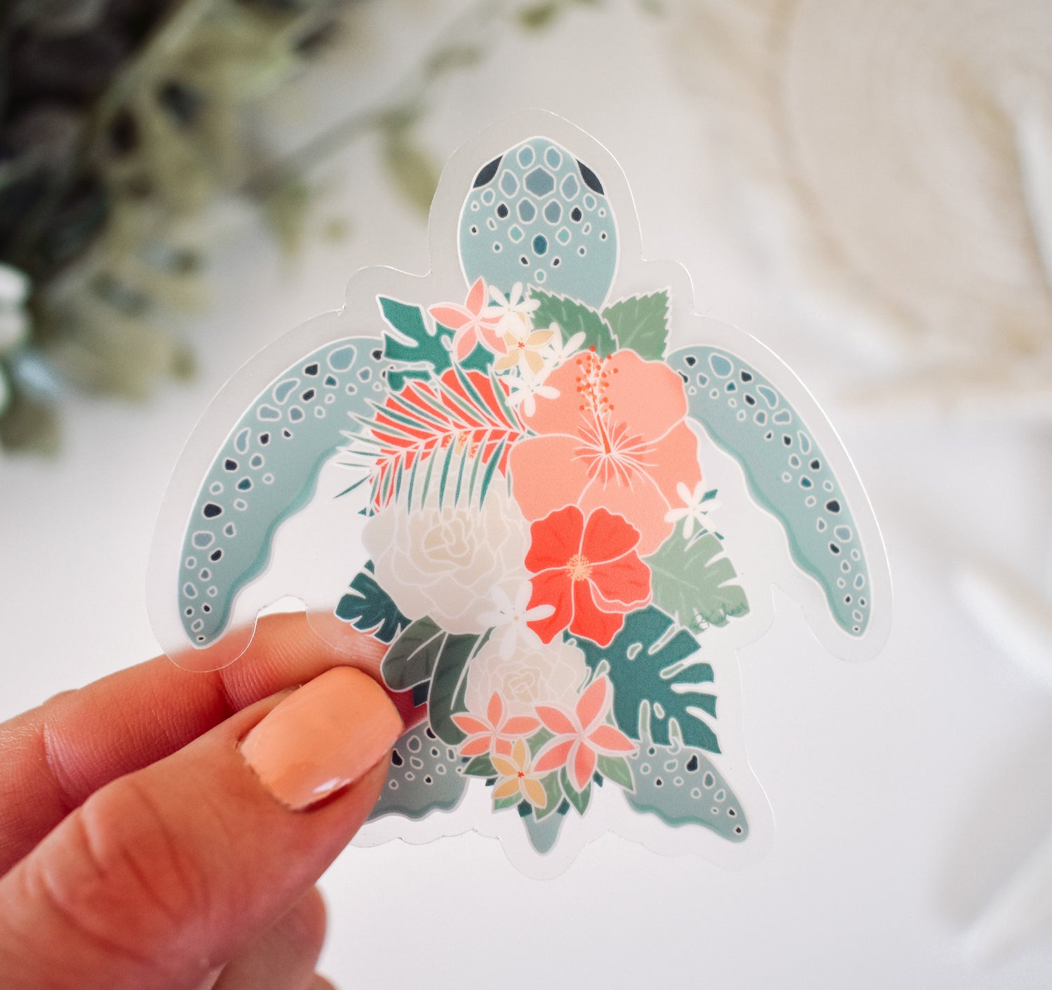 Hawaiian green sea turtle with flowers vinyl sticker