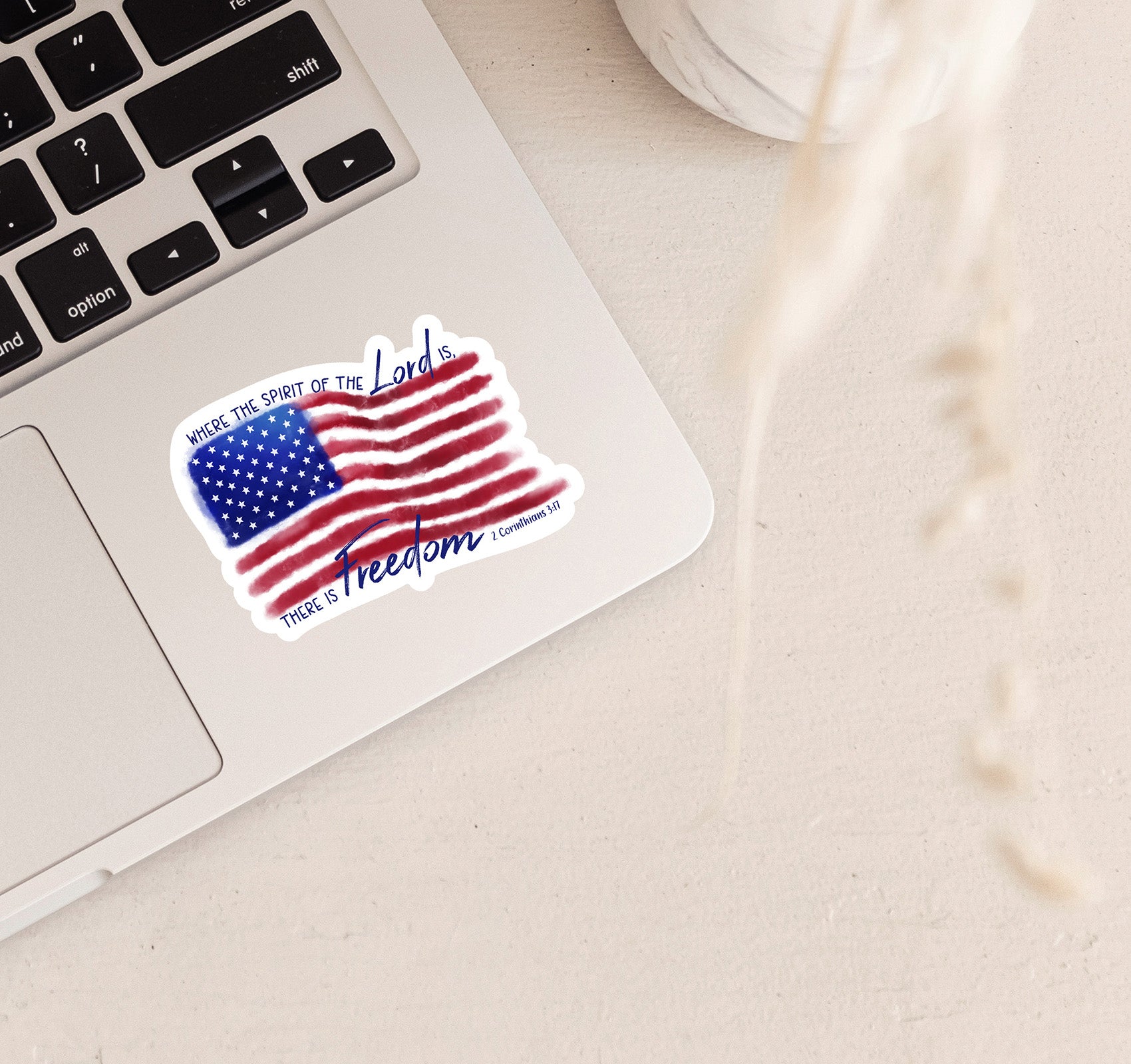 Where the Spirit of the Lord Is There Is Freedom, 2 Corinthians 3:17 laptop sticker with an American flag