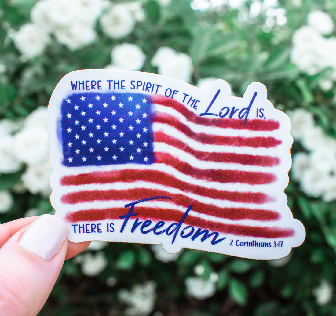 Where the Spirit of the Lord Is There Is Freedom, 2 Corinthians 3:17 Bible verse sticker with an American flag